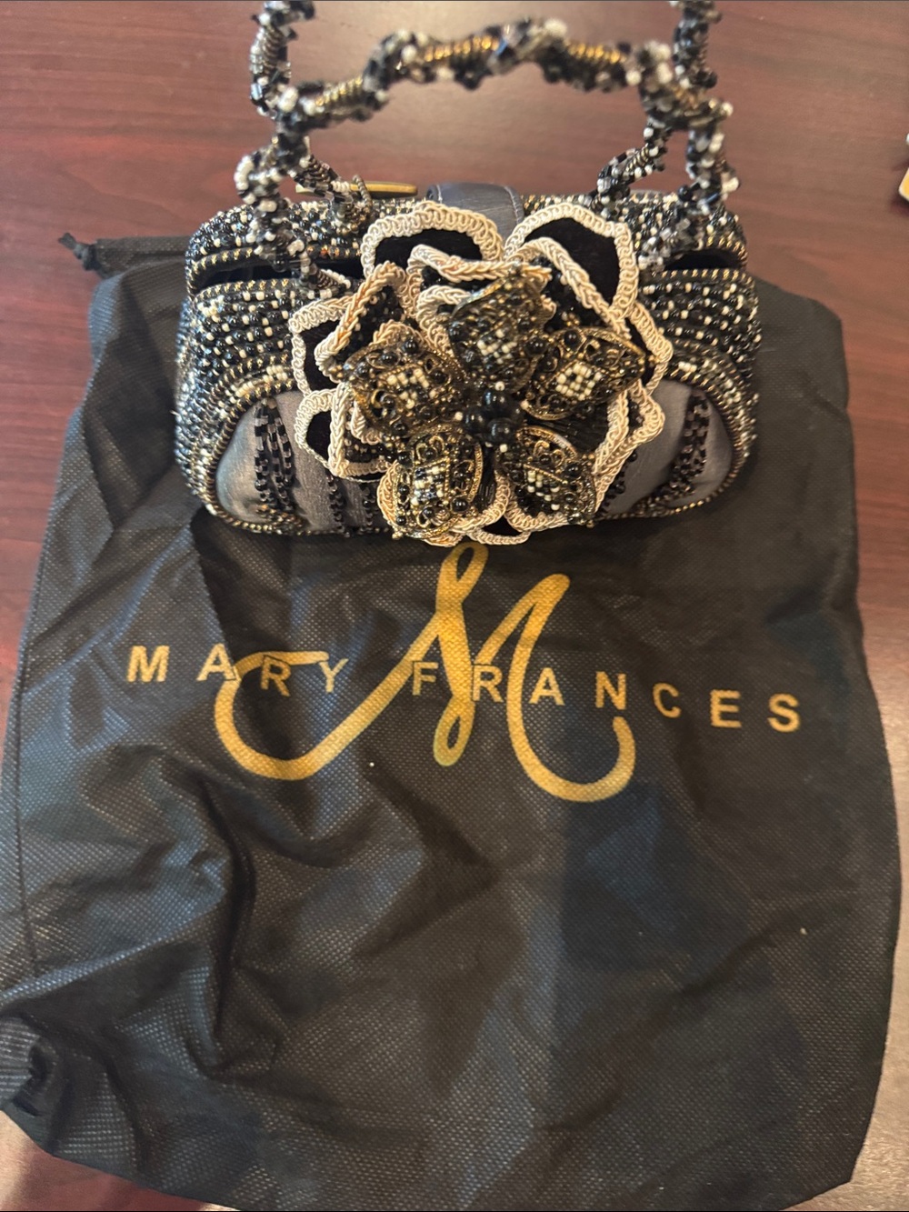 Mary Frances Black and Gold Beaded Floral Clutch